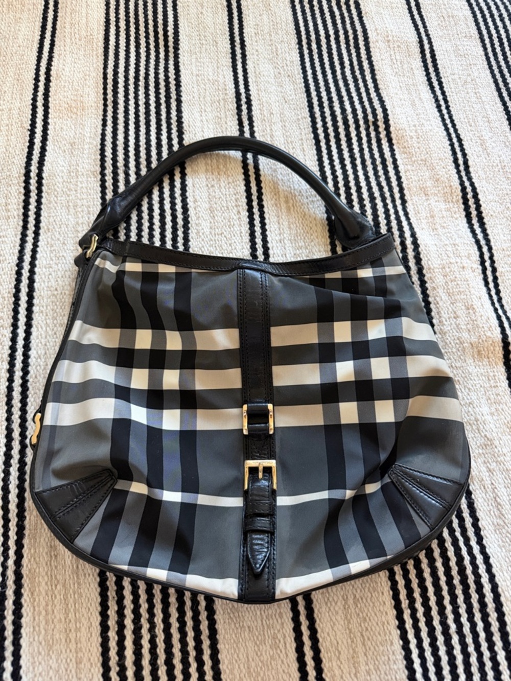 Burberry Black and Gray Check Shoulder Bag with Leather Trim